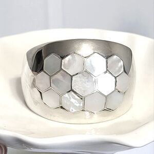 Vintage Boho Chunky Large Silver Pearl Hexagon Hive Open Cuff Bangle Bracelet